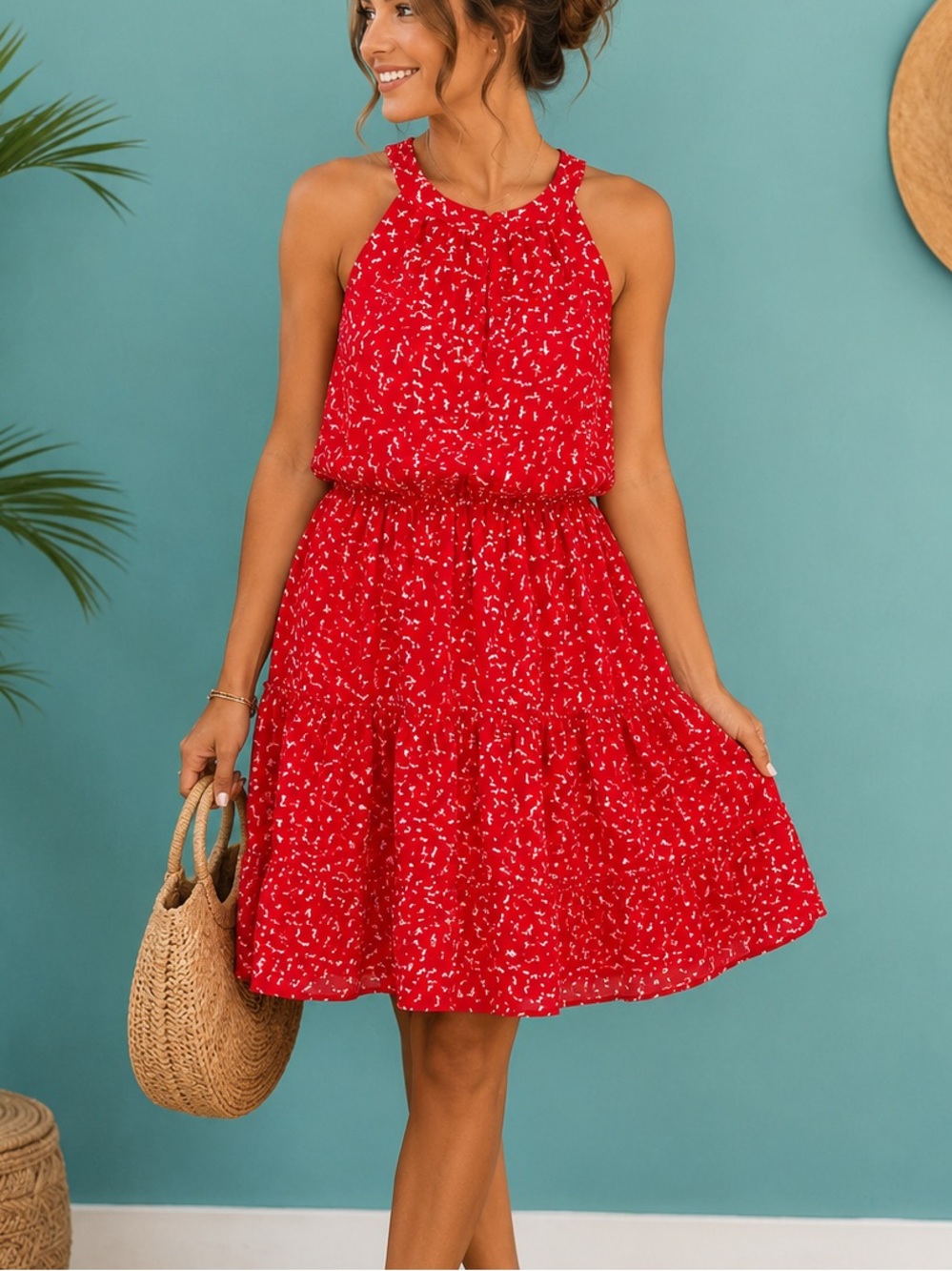 Monteau Los Angeles Red White Printed Sleeveless Tiered Dress Medium